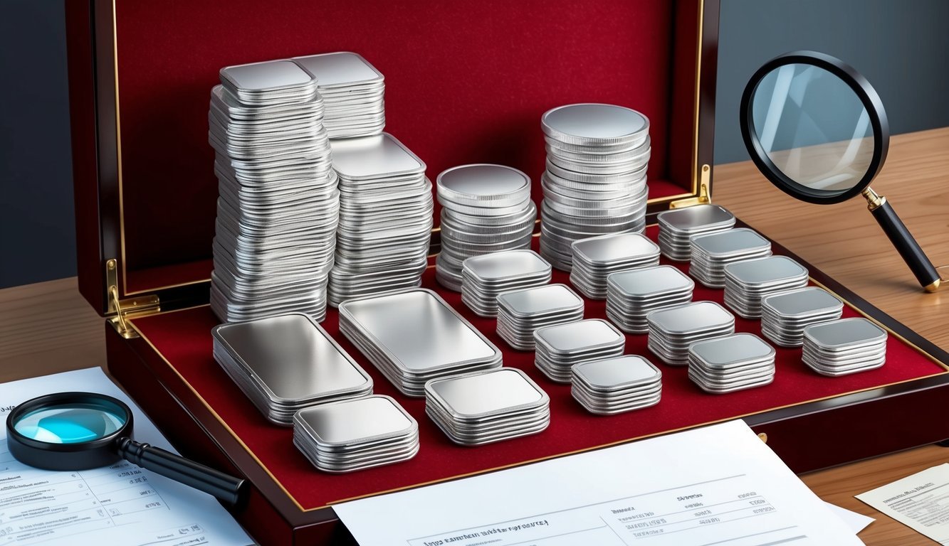 A stack of silver coins and bars arranged neatly on a velvet-lined display case, with a magnifying glass and financial documents nearby