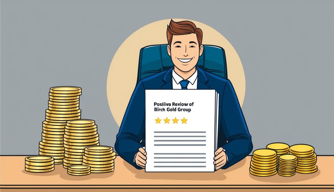 A customer sits at a desk, smiling while reading a positive review of Birch Gold Group. A stack of gold coins and bars sits nearby