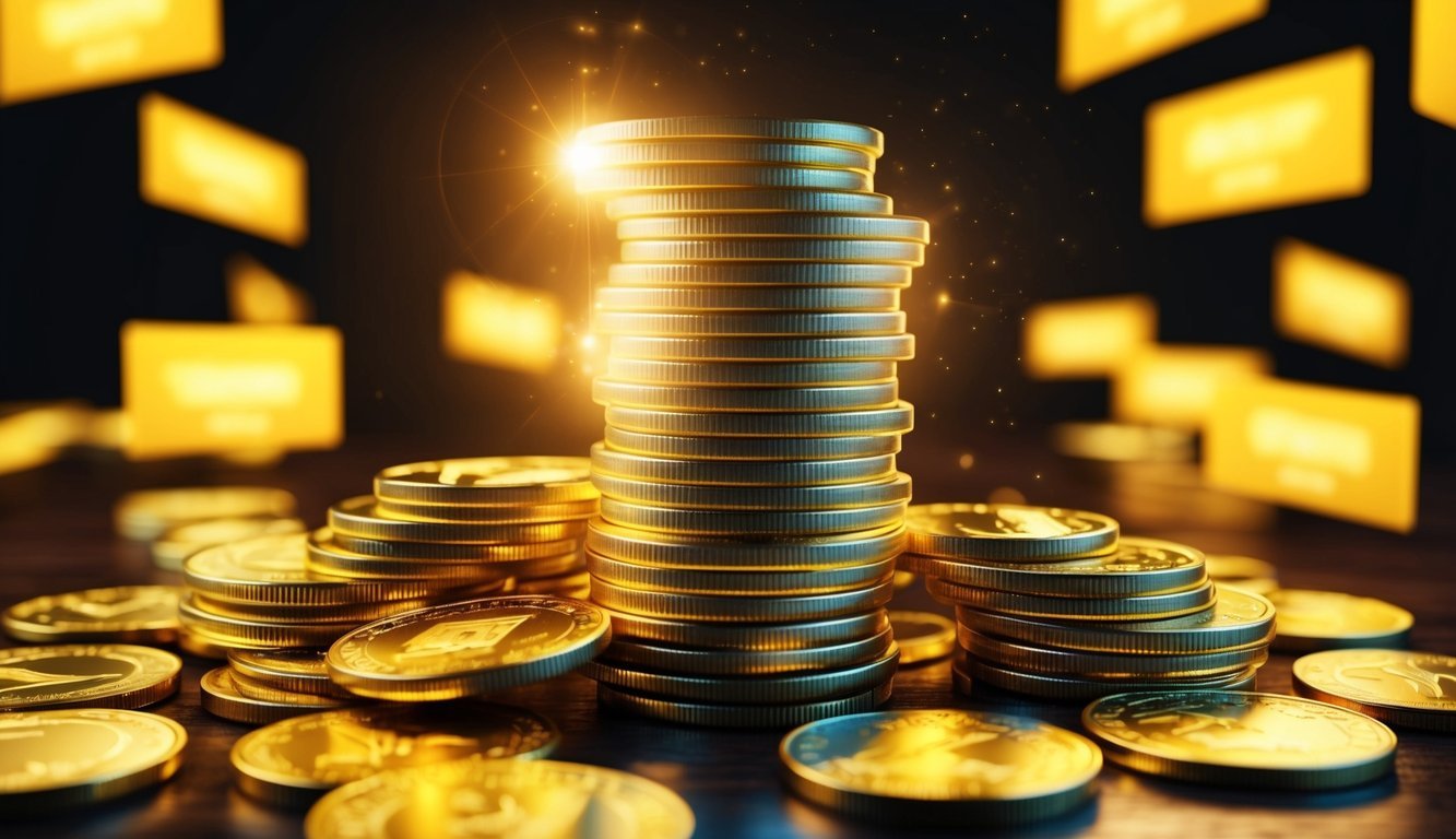 A stack of glowing gold coins surrounded by glowing testimonials and reviews