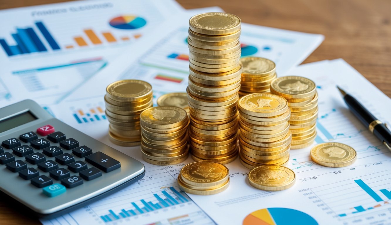 A stack of gold coins and bars surrounded by financial documents and charts, with a calculator and pen laying nearby