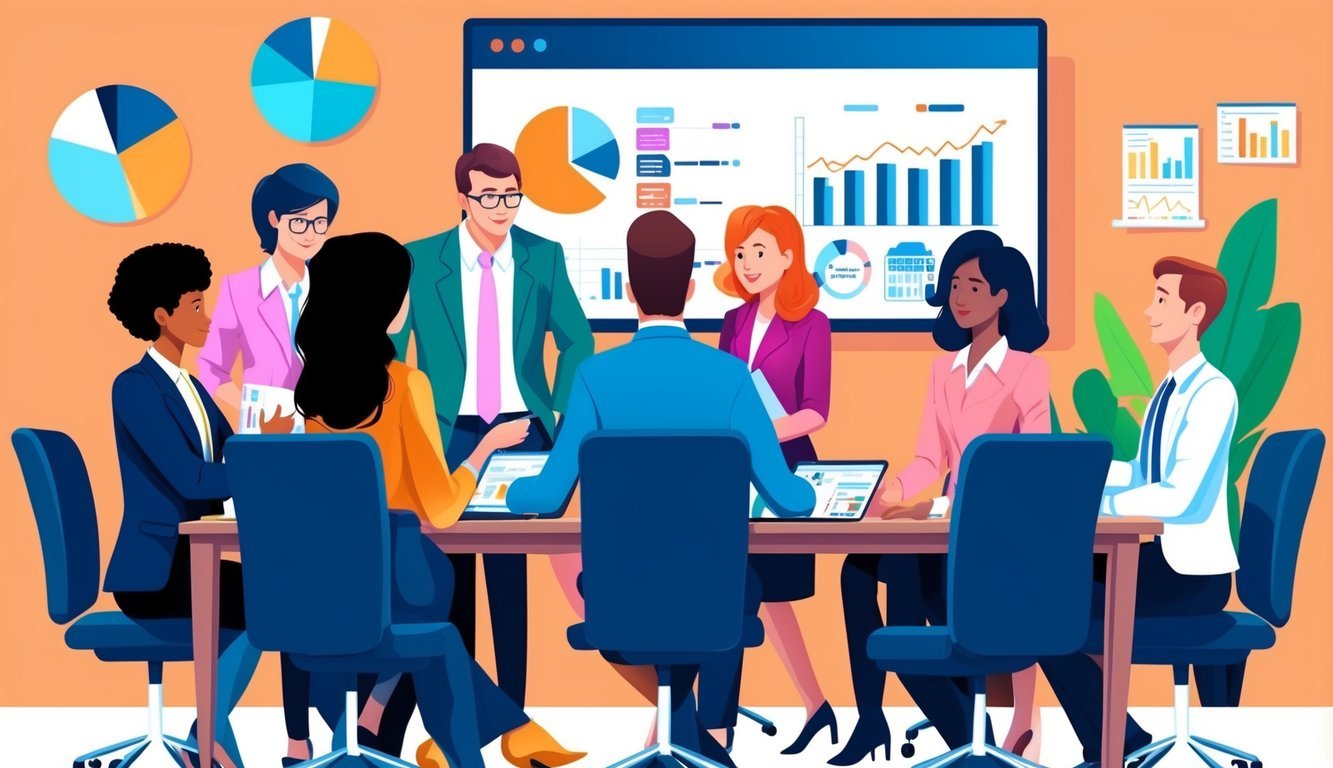 A group of people discussing financial options around a table, with charts and graphs on a screen in the background