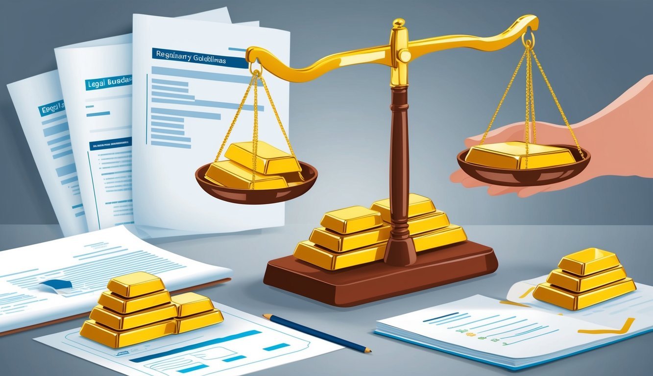 A scale weighing gold bars with legal documents and regulatory guidelines in the background
