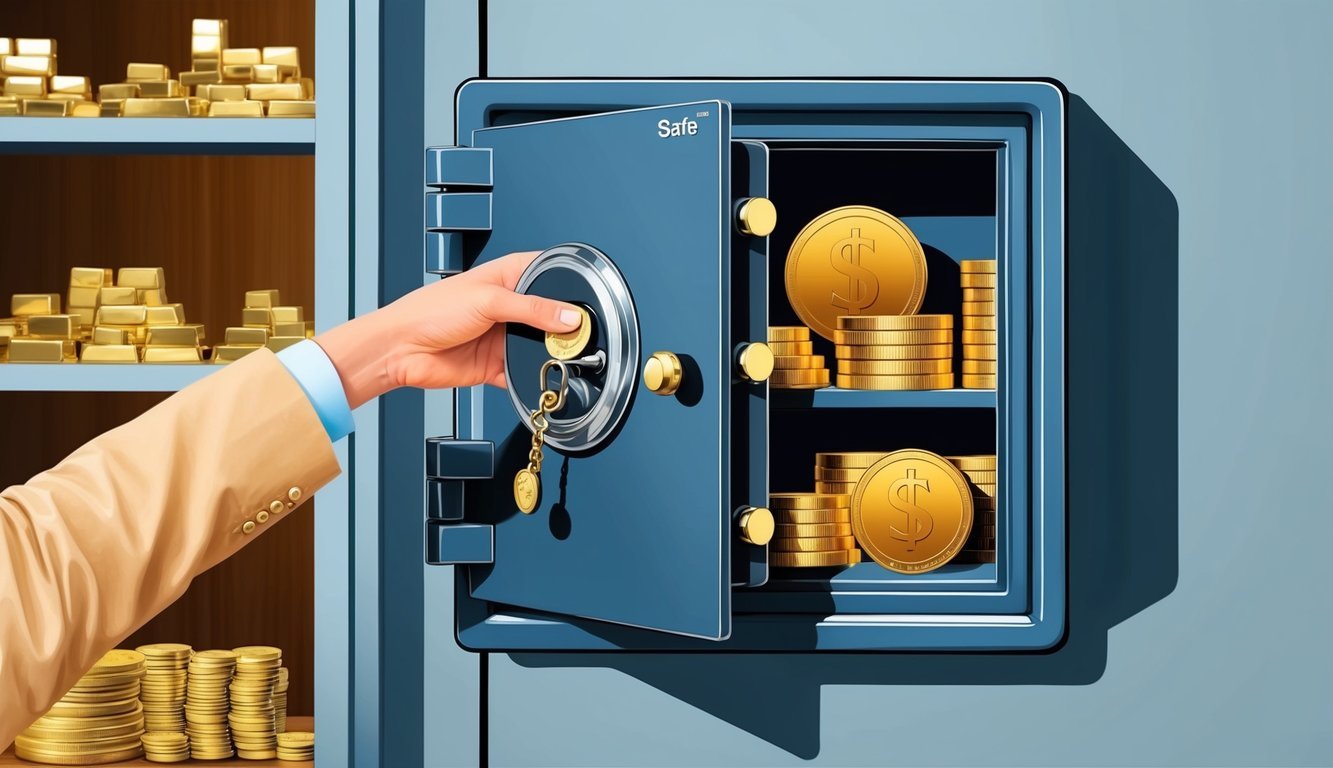 A hand reaching into a secure home safe, pulling out gold coins and bars, with shelves of precious metals in the background