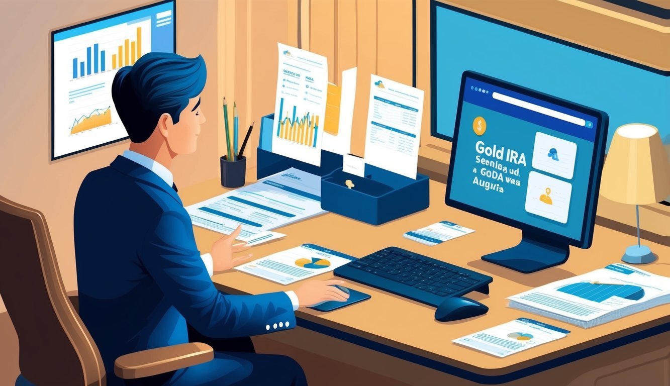 A person sitting at a desk, surrounded by financial documents and a computer, speaking with a representative about setting up a Gold IRA with Augusta