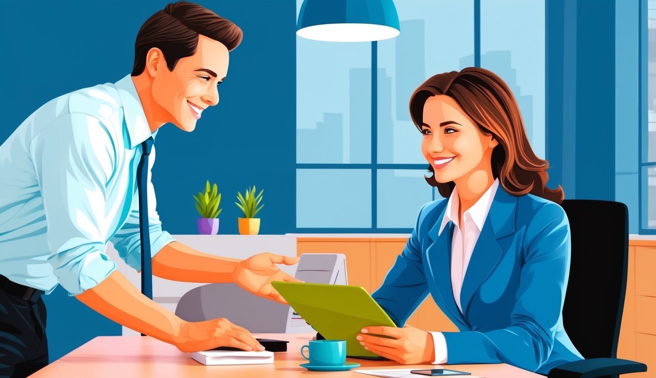 A customer service representative assisting a client with a positive attitude and friendly demeanor