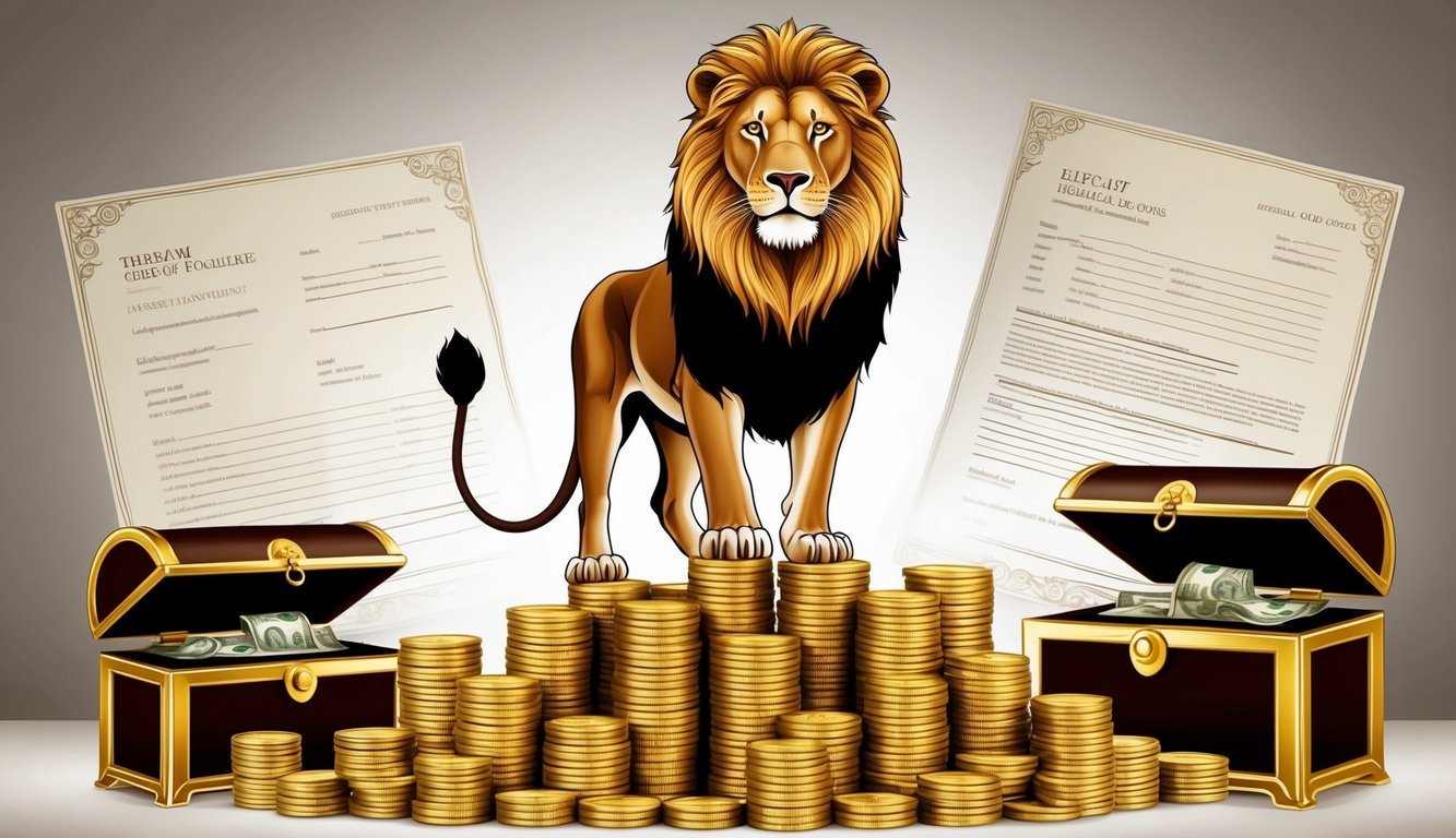 A regal lion stands atop a stack of gold coins, surrounded by shining treasure chests and elegant financial documents