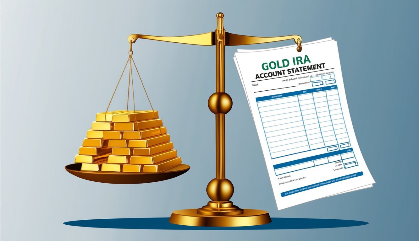 A scale with one side holding a stack of gold bars and the other side holding a Gold IRA account statement