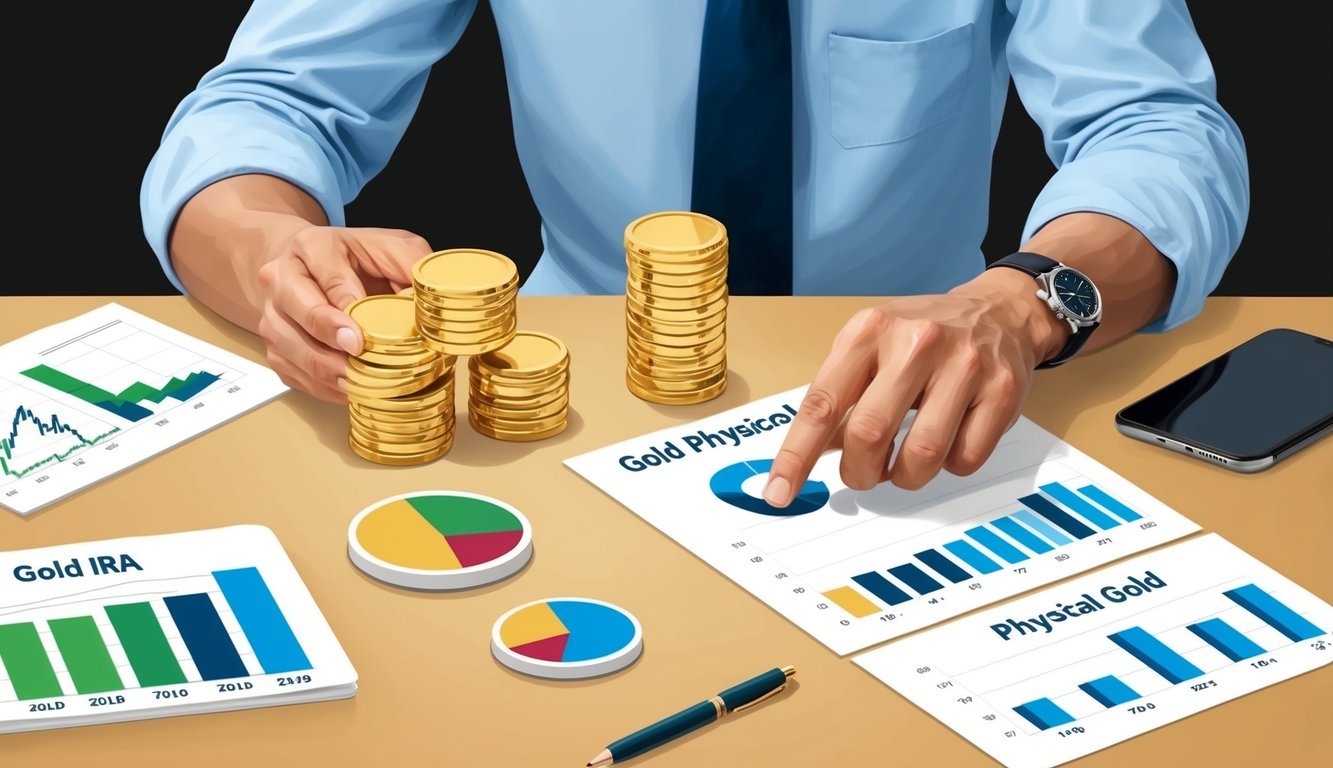 A person comparing gold IRA and physical gold, with charts, graphs, and gold bars on a desk