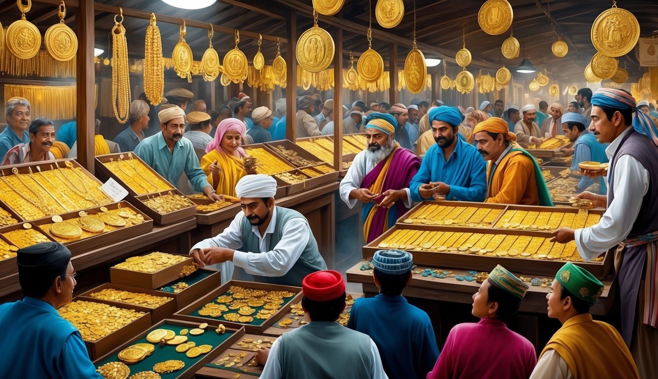 A bustling marketplace in a foreign country, with vendors displaying gleaming gold jewelry and coins, surrounded by eager buyers haggling for the best prices