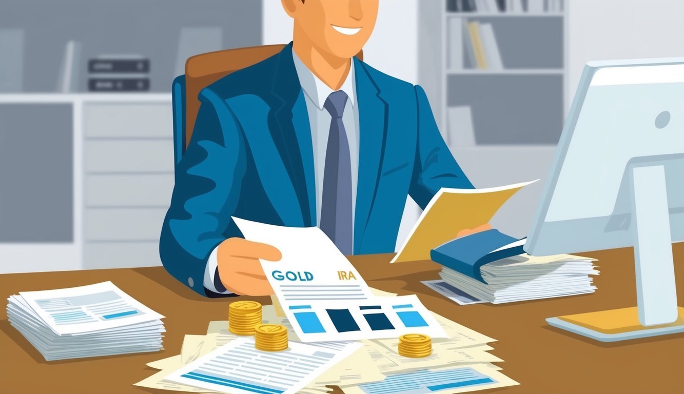 A person sitting at a desk, reviewing documents and comparing different Gold IRA custodians and providers for a 401k rollover. A stack of financial papers and a computer are on the desk