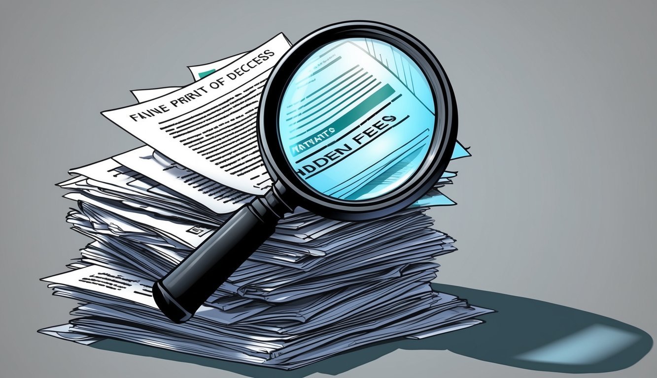 A magnifying glass hovers over a pile of documents, revealing fine print and hidden fees. A shadow looms over the stack, hinting at deceit