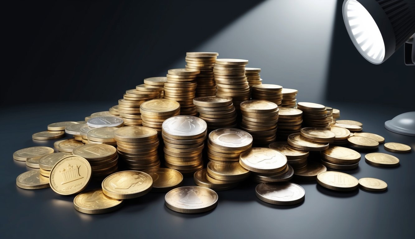A pile of counterfeit and overpriced coins scattered on a dark, shadowy background, with a spotlight shining on them