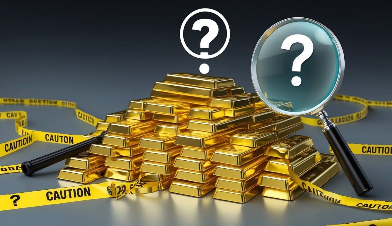 A pile of gold bars surrounded by caution tape and a magnifying glass, with a question mark hovering above