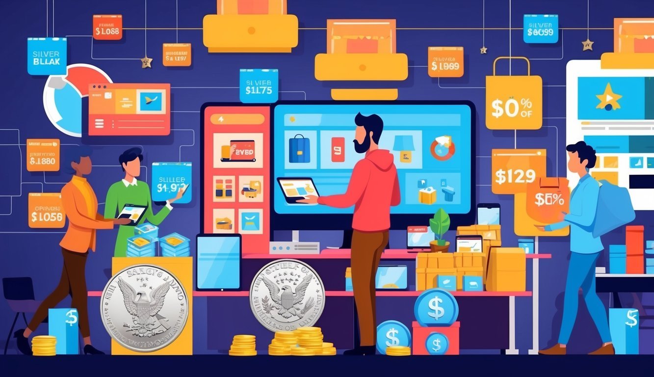 A bustling online marketplace with various products displayed, including silver and gold bullion, during the Black Friday to Cyber Week sales period