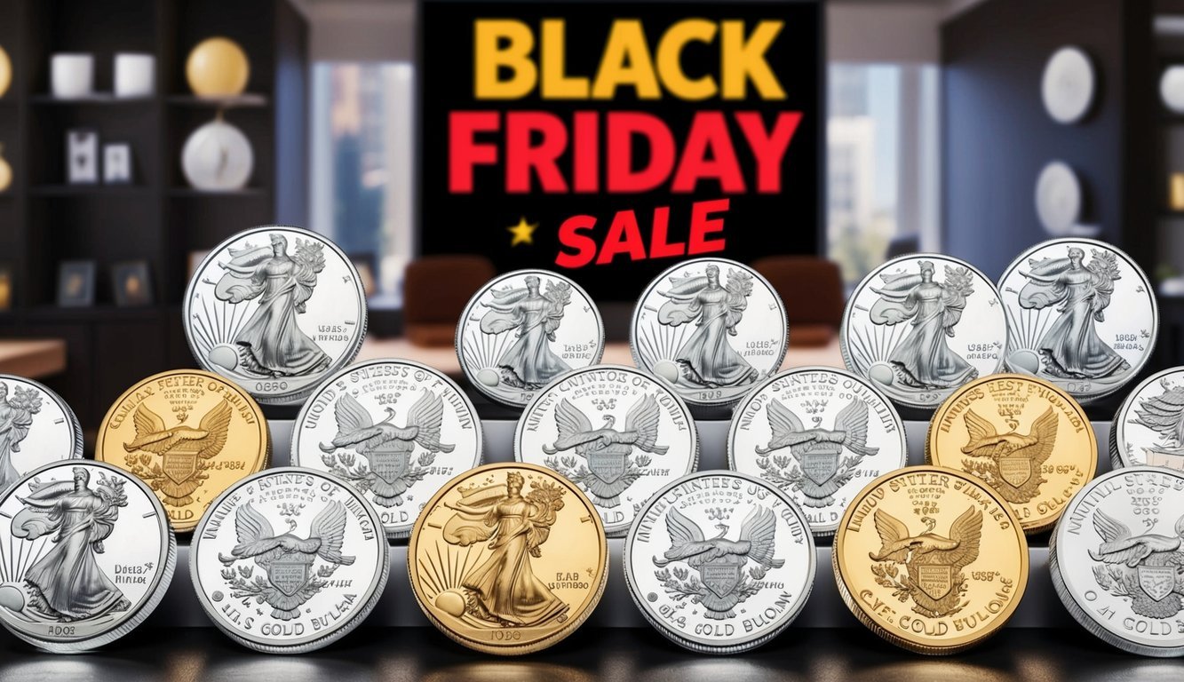 A display of shining silver and gold bullion from notable mints, with a Black Friday sale sign in the background