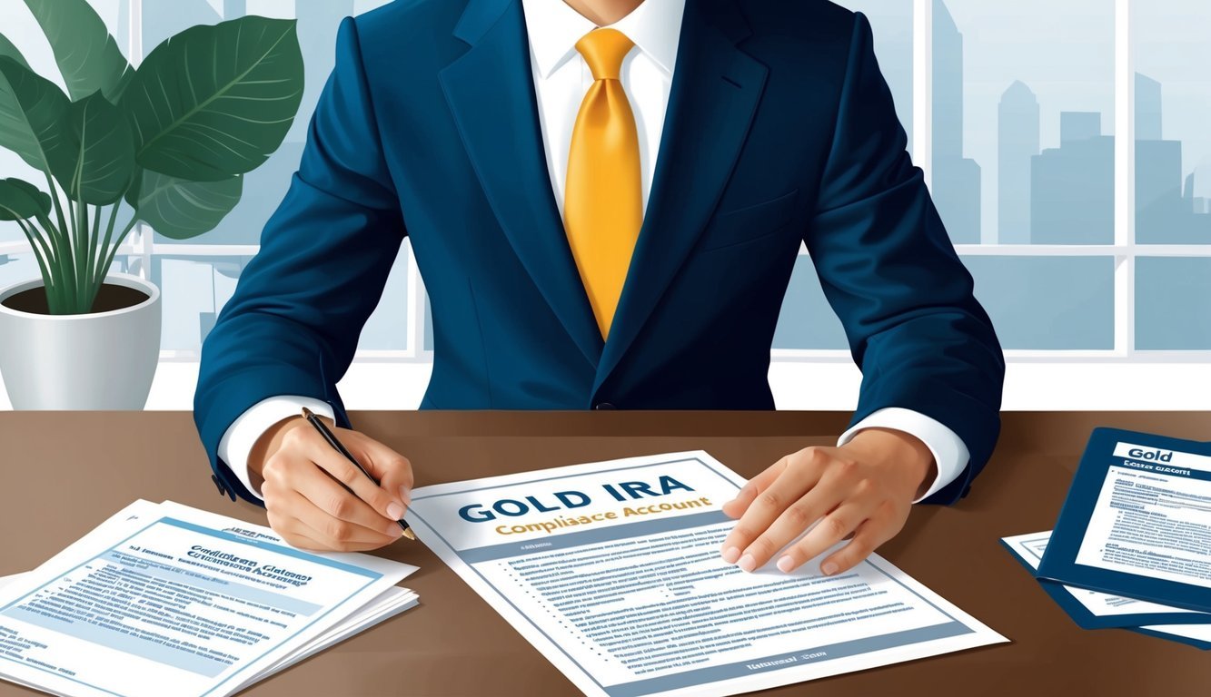 A person in a business suit reviewing IRS regulations and compliance documents while setting up a gold IRA account