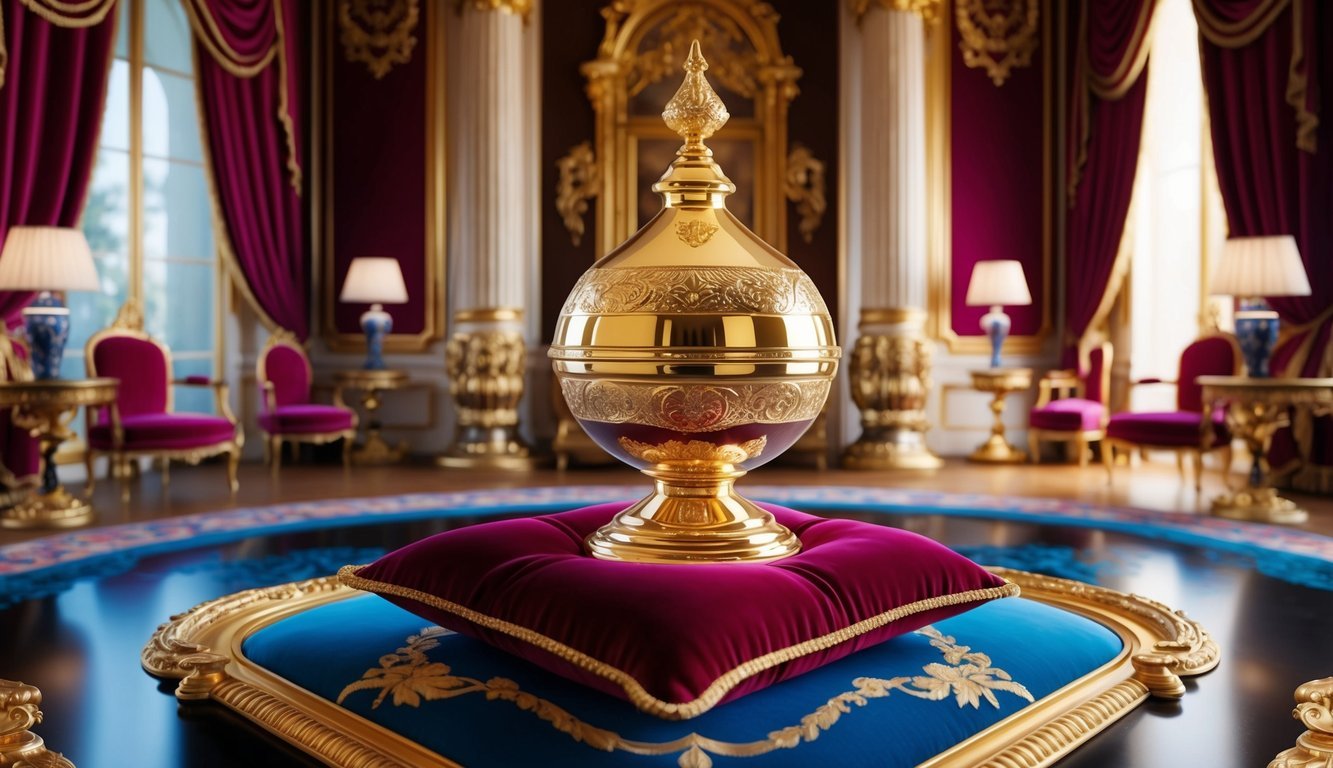 A grand, ornate room with a polished gold IRA displayed on a velvet cushion, surrounded by opulent decor and a sense of luxury