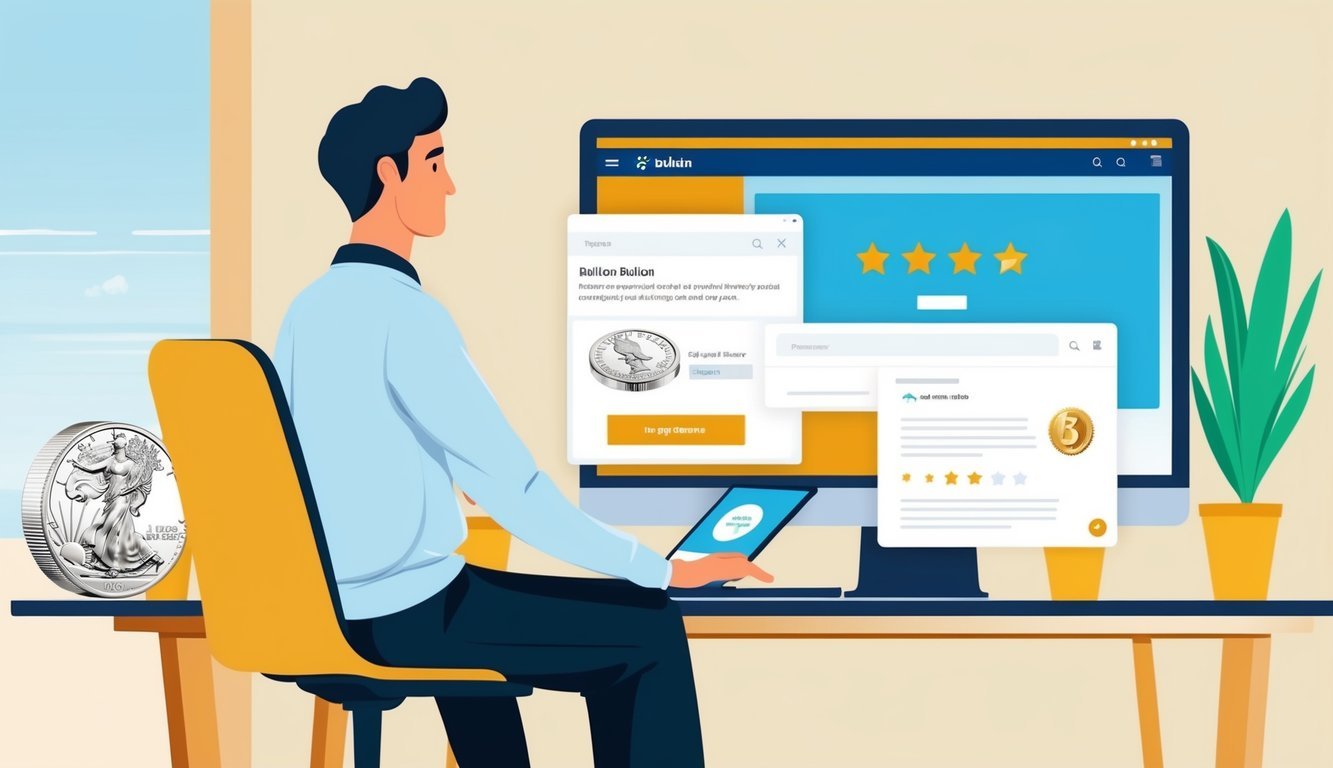 A person browsing a website, selecting and purchasing silver and gold bullion, with a positive review visible on the screen