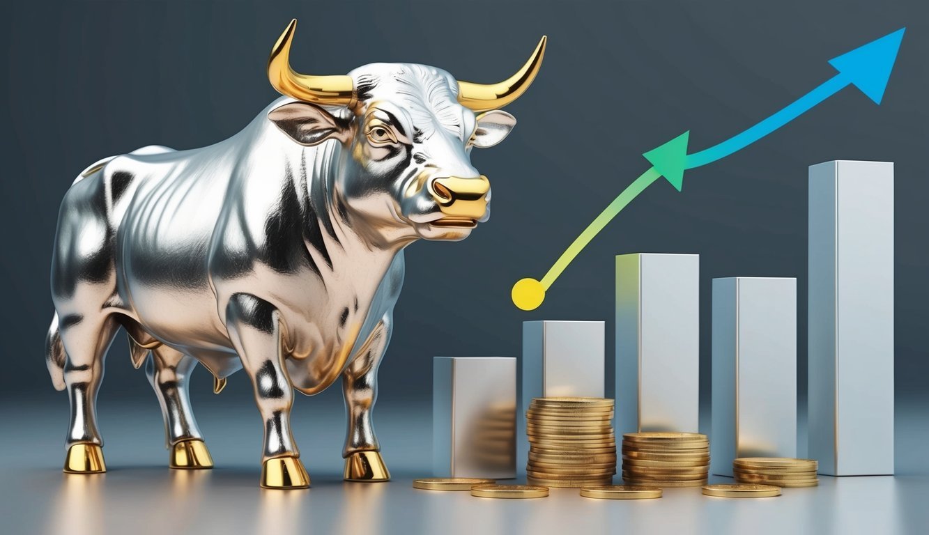 A silver and gold bull standing beside a pricing and fees chart