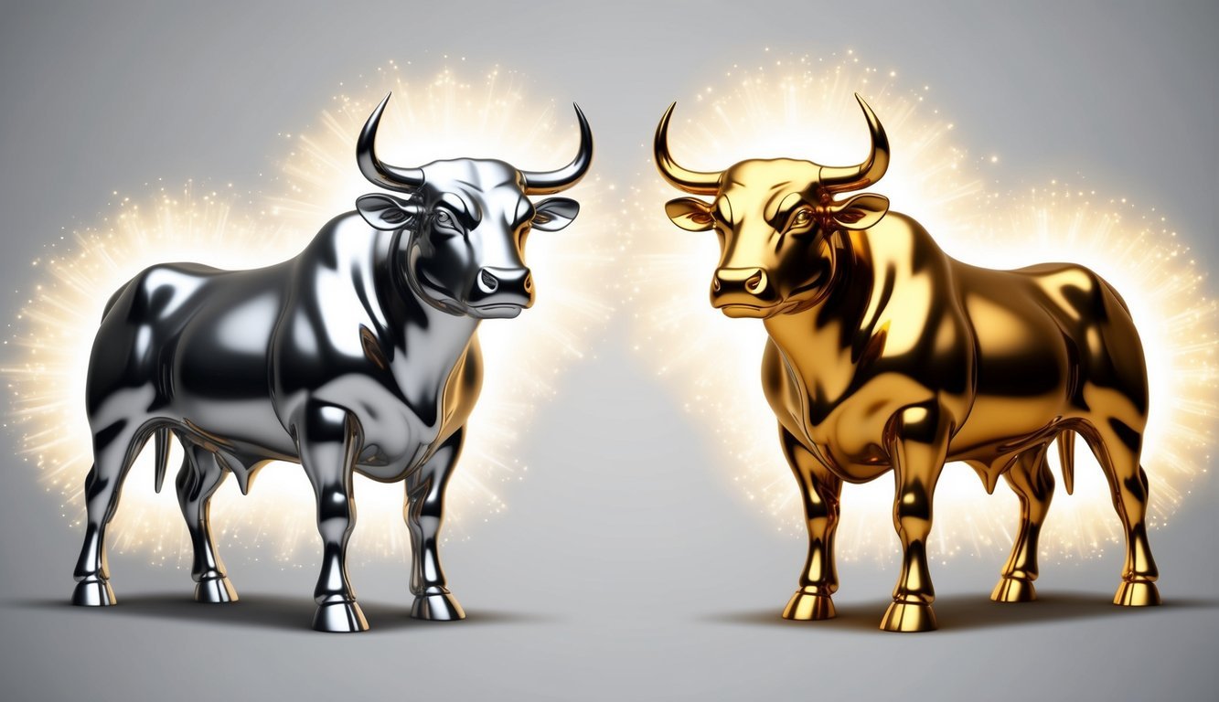 A silver and gold bull standing side by side, surrounded by a glowing aura, with a sense of luxury and elegance