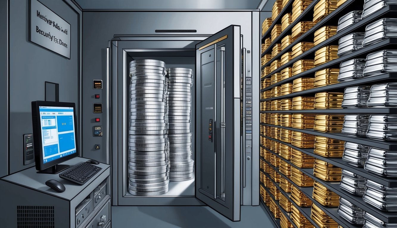 A secure vault with stacks of silver and gold bullion, monitored by advanced security systems