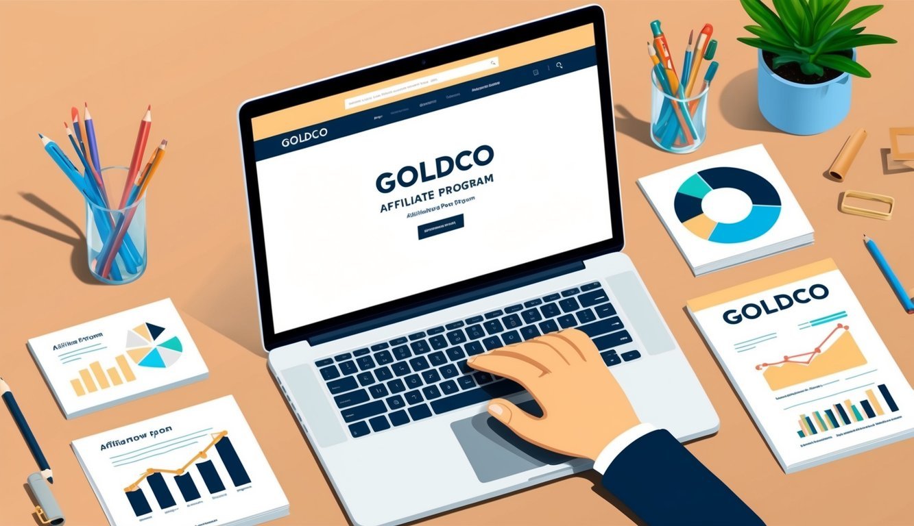 A laptop with a goldco affiliate program website displayed, surrounded by marketing tools and support materials