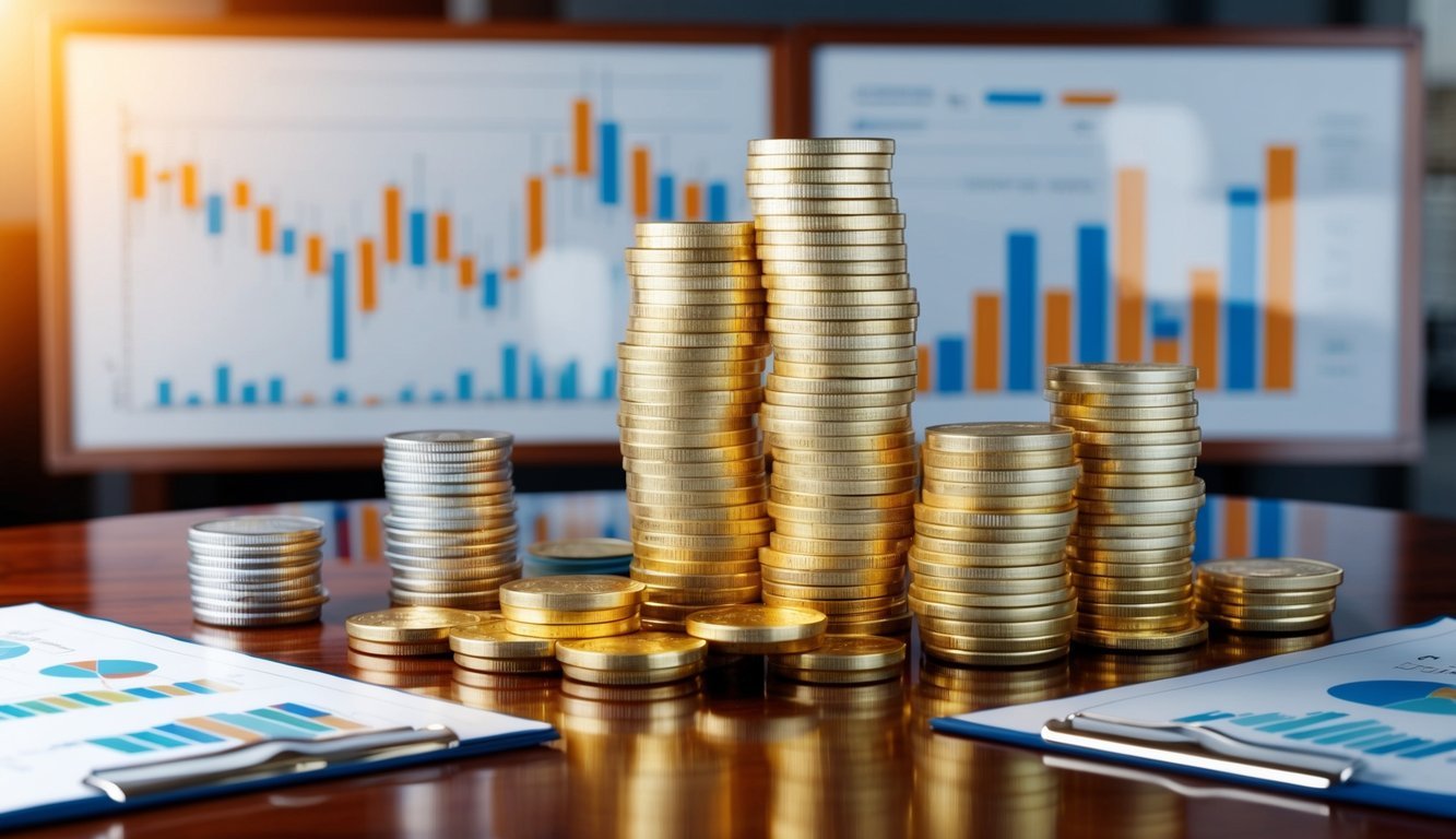 A stack of gold coins and bars displayed on a polished wooden table, surrounded by financial charts and graphs