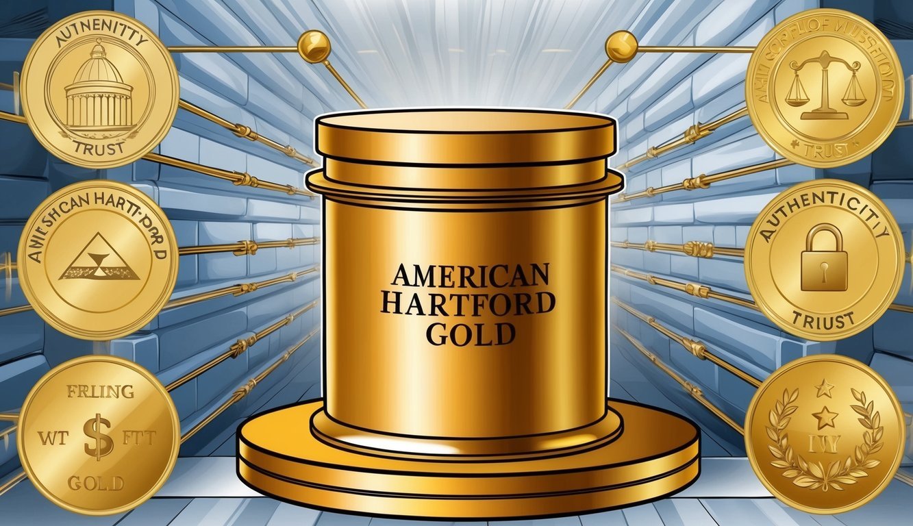 A strong and secure American Hartford Gold vault surrounded by symbols of authenticity and trust