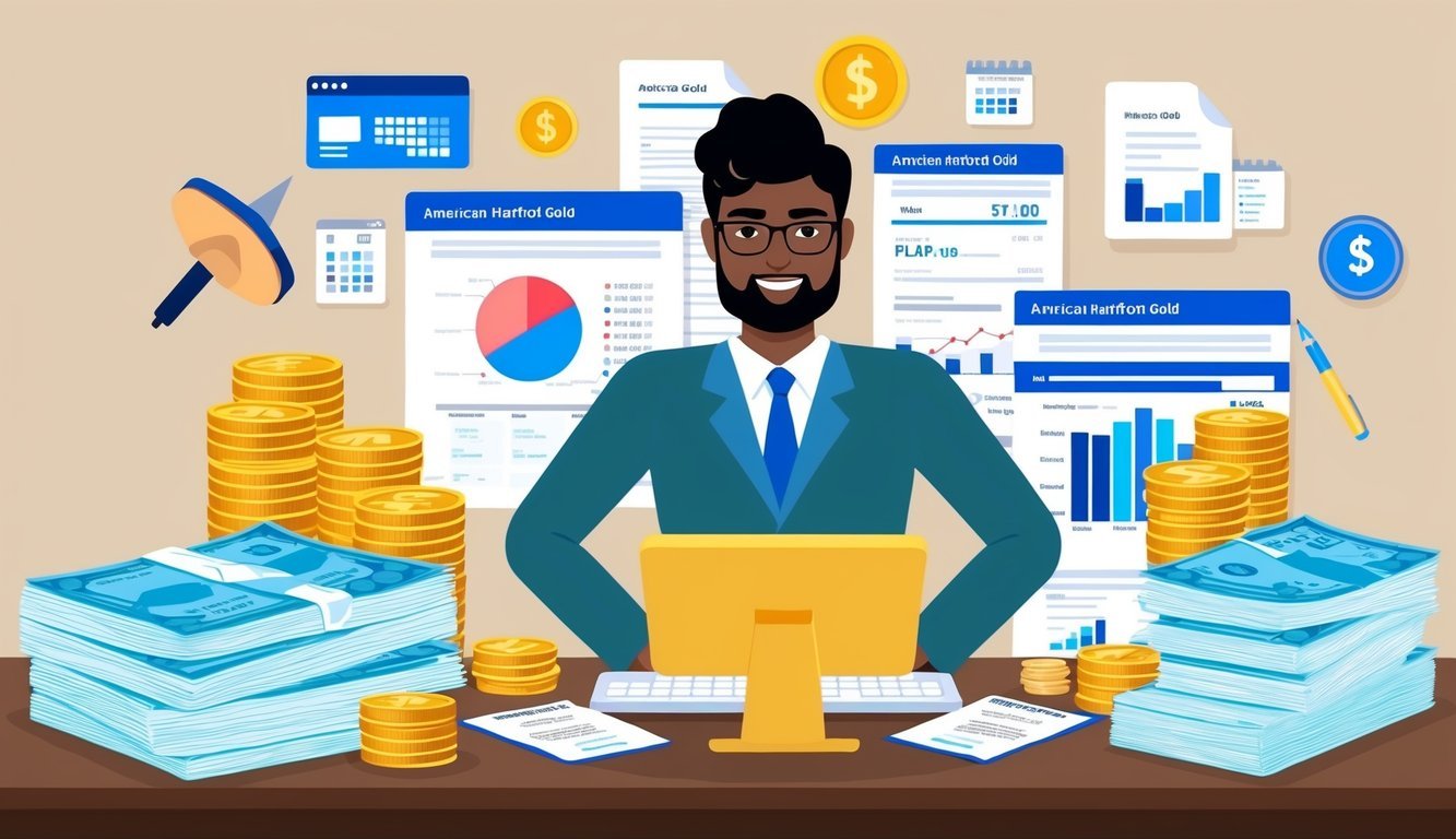 A person confidently researching American Hartford Gold, surrounded by financial documents and a computer