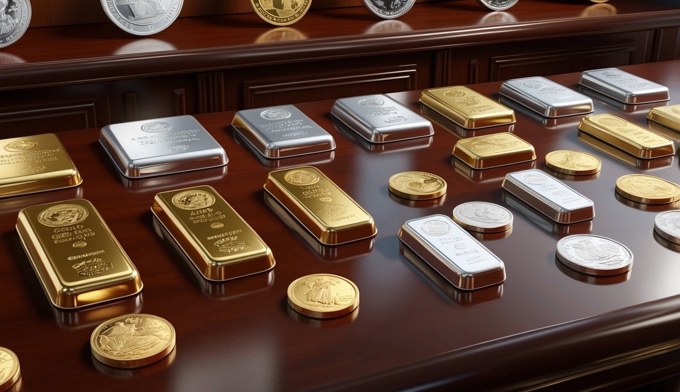 A collection of various gold and silver bullion bars and coins displayed on a polished wooden countertop