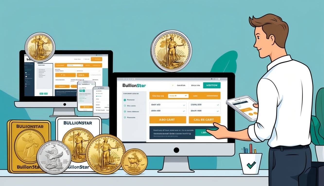 A customer browsing through various gold and silver bullion products on BullionStar's website, adding items to their cart and proceeding to checkout