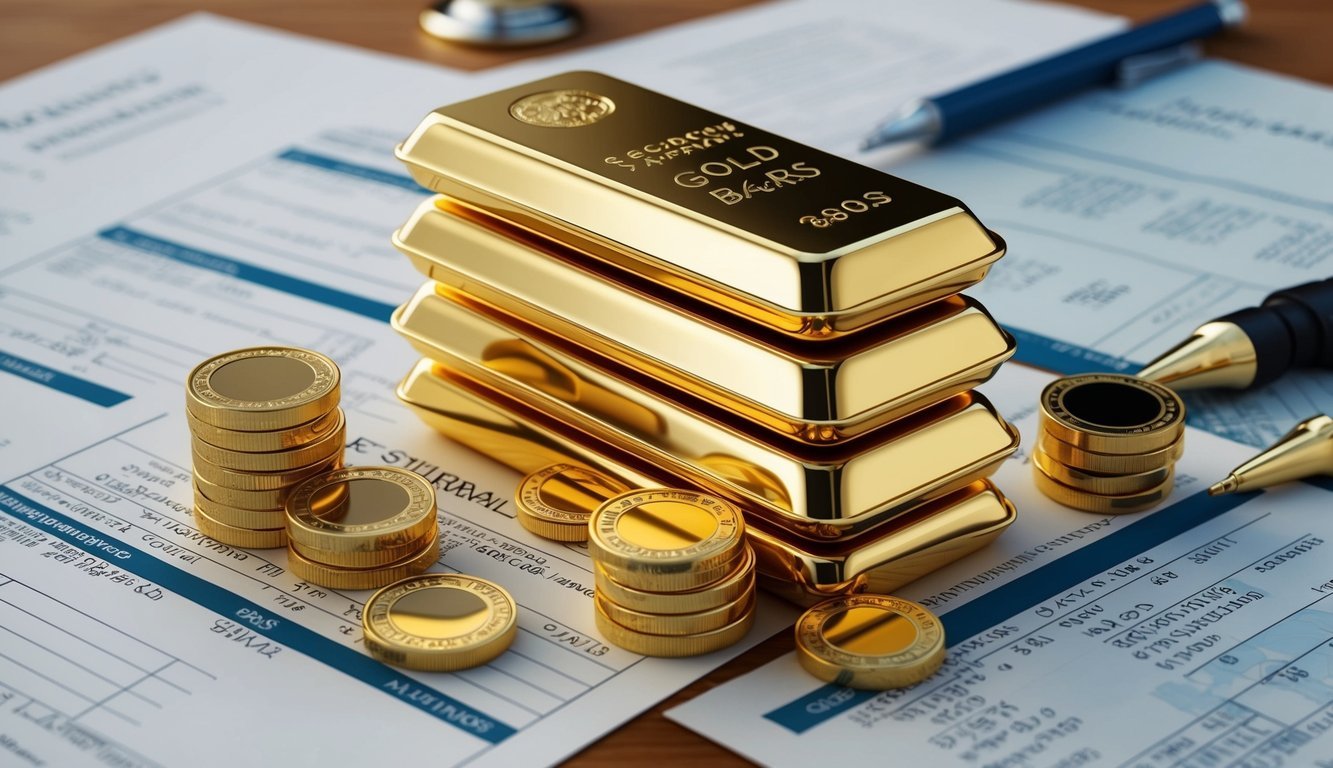 A stack of gold bars surrounded by security measures and financial documents
