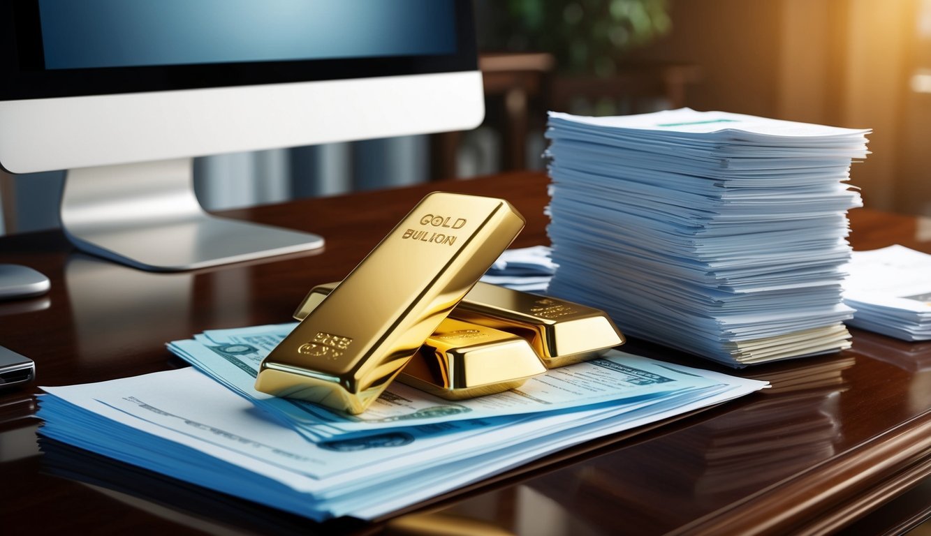 A gleaming gold bullion bar sits atop a polished wooden desk, surrounded by stacks of financial documents and a shining computer monitor