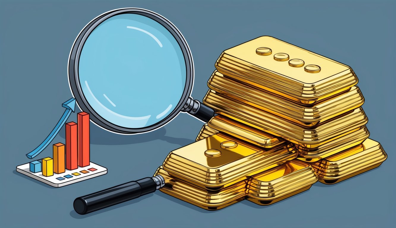 A stack of gold bullion bars with a magnifying glass and a review rating scale nearby