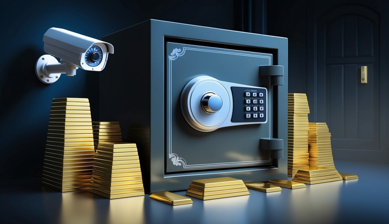 A sturdy safe with a combination lock sits in a dimly lit room, surrounded by stacks of gold bars. A security camera watches over the valuable contents