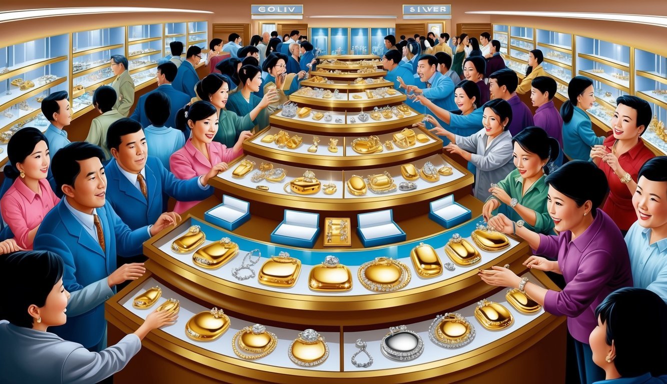 A crowded jewelry store with shiny displays of gold and silver items, surrounded by eager shoppers grabbing for discounted precious metals