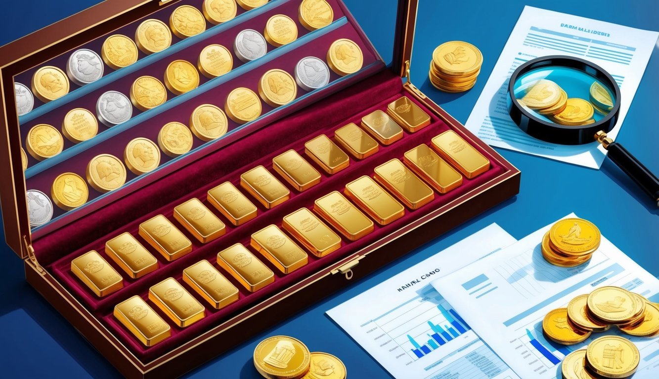 A collection of various gold coins and bars arranged on a velvet-lined display case, with a magnifying glass and financial documents nearby