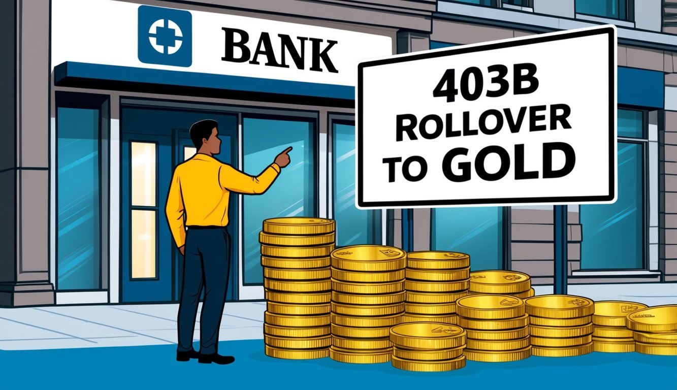 A person standing in front of a bank, pointing at a sign that reads "403b Rollover to Gold" with a stack of gold coins in the foreground
