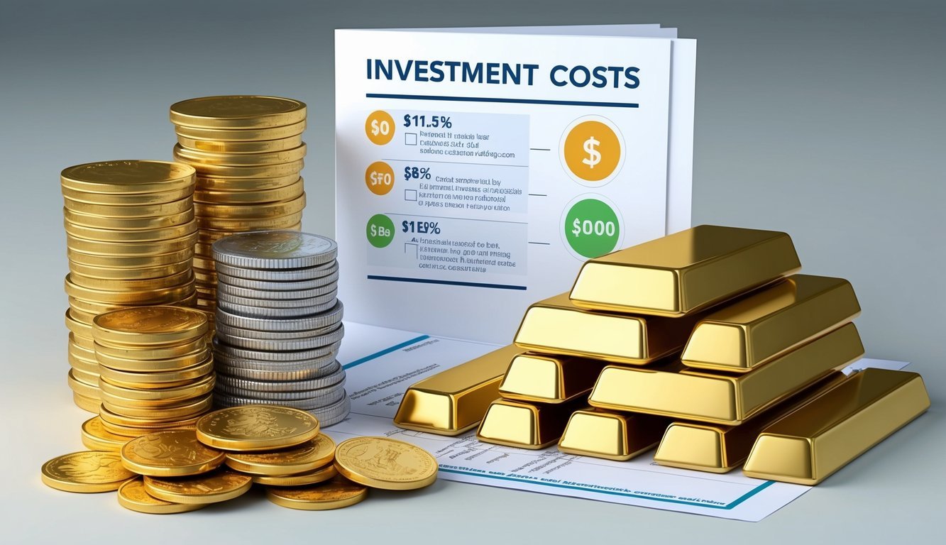 A stack of gold bars and coins, alongside a document showing various investment costs and options