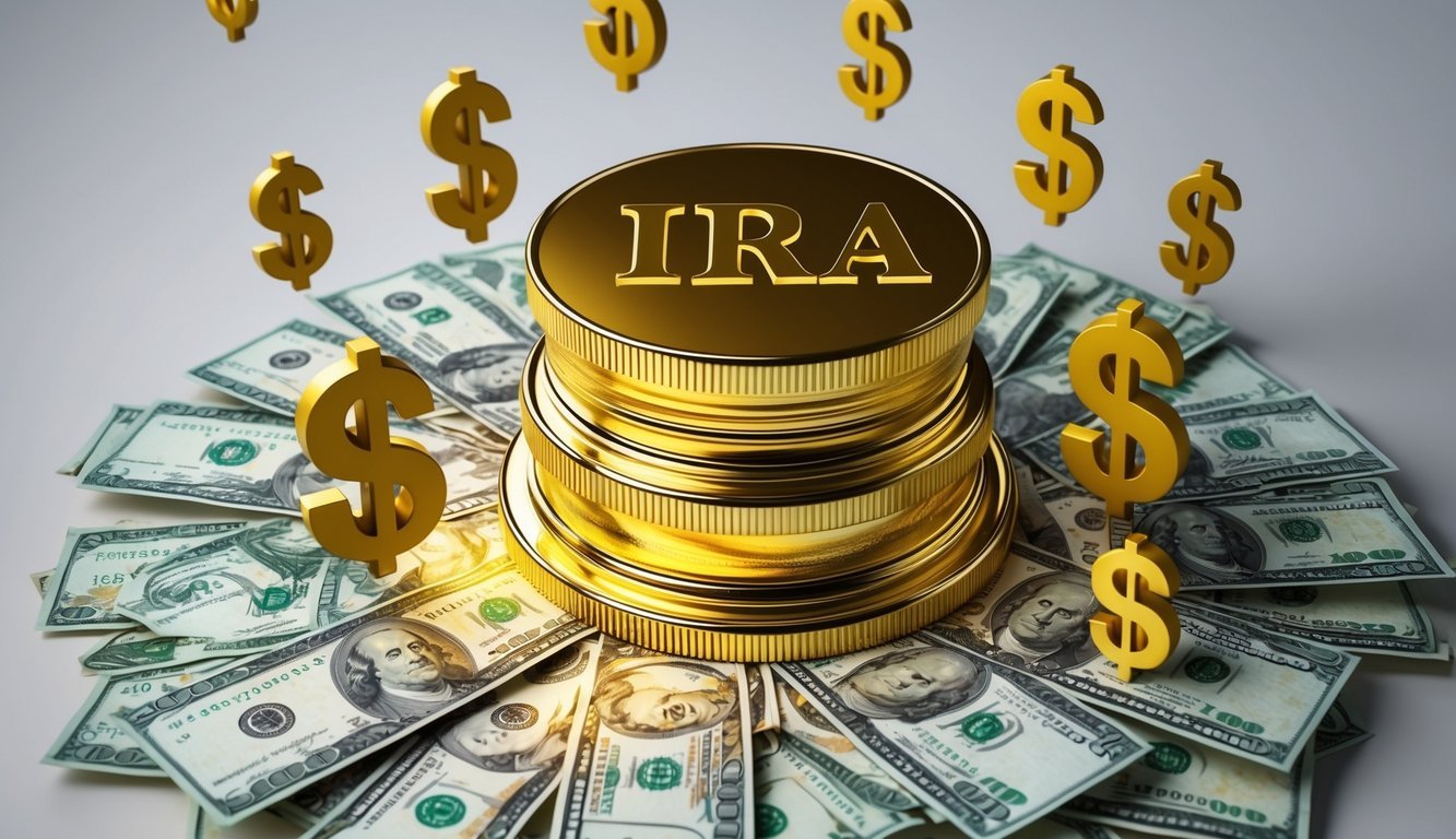 A gold IRA surrounded by various fees, with dollar signs and percentage symbols floating around it