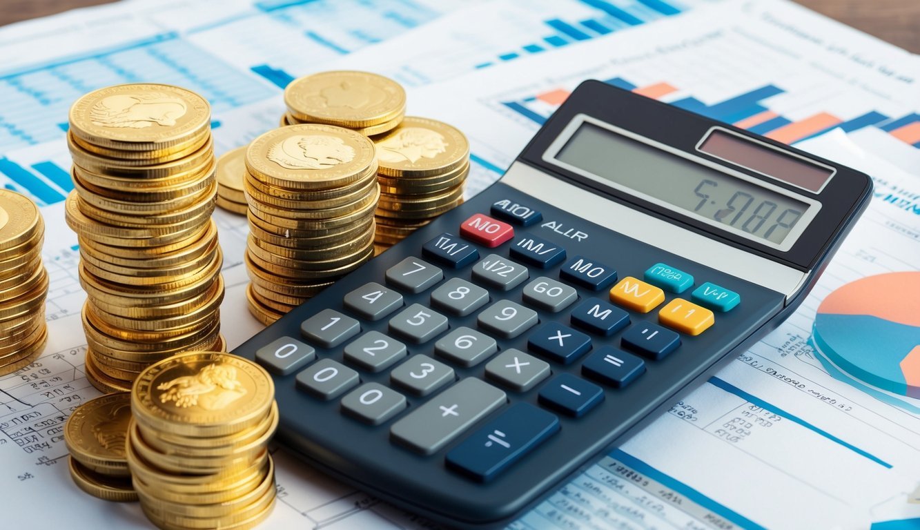 A stack of gold coins and a calculator surrounded by financial documents and charts