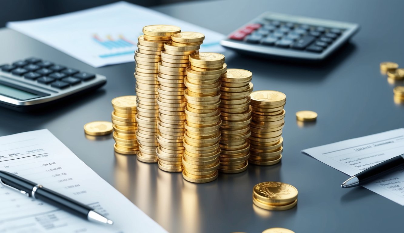 A stack of gold coins and bars arranged on a sleek, modern desk with a calculator and financial documents scattered around
