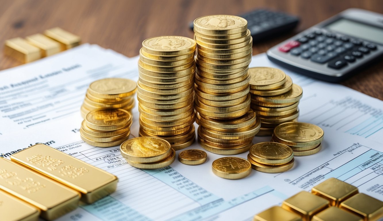A stack of gold coins and bars surrounded by financial documents and tax forms