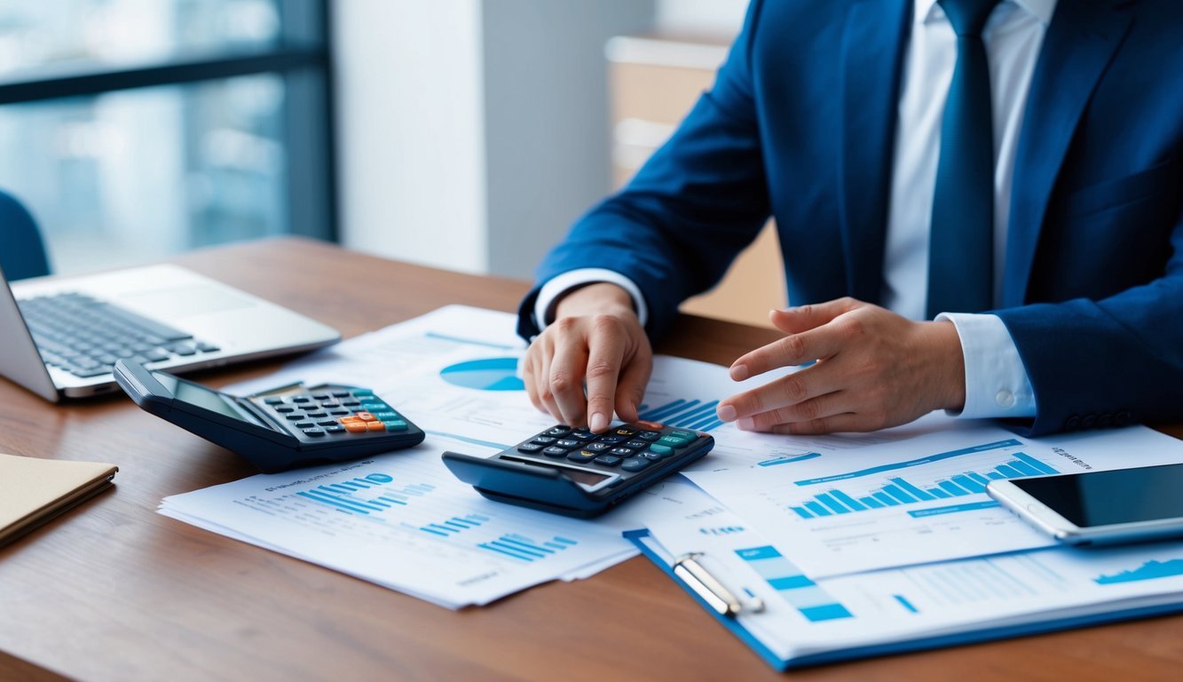 A person sitting at a desk, surrounded by financial documents and a calculator, speaking with a professional advisor