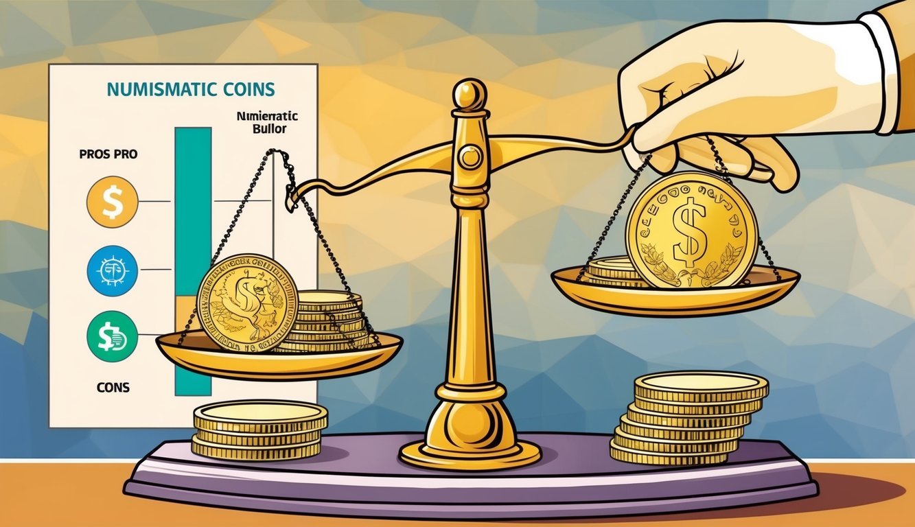 A scale weighing gold bullion and numismatic coins, with a chart comparing their pros and cons in the background