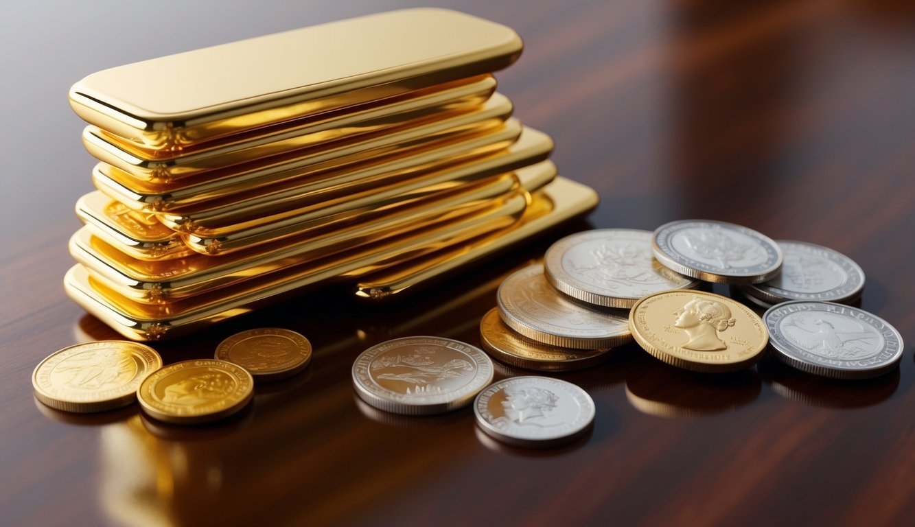 A pile of shiny gold bullion stacked next to a collection of rare numismatic coins on a polished wooden table
