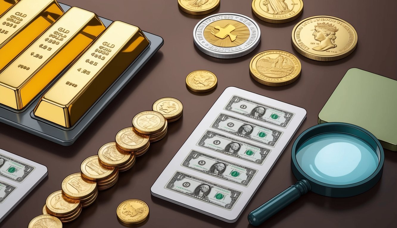 A table with gold bullion bars on one side and numismatic coins on the other, with a scale and magnifying glass nearby for comparison
