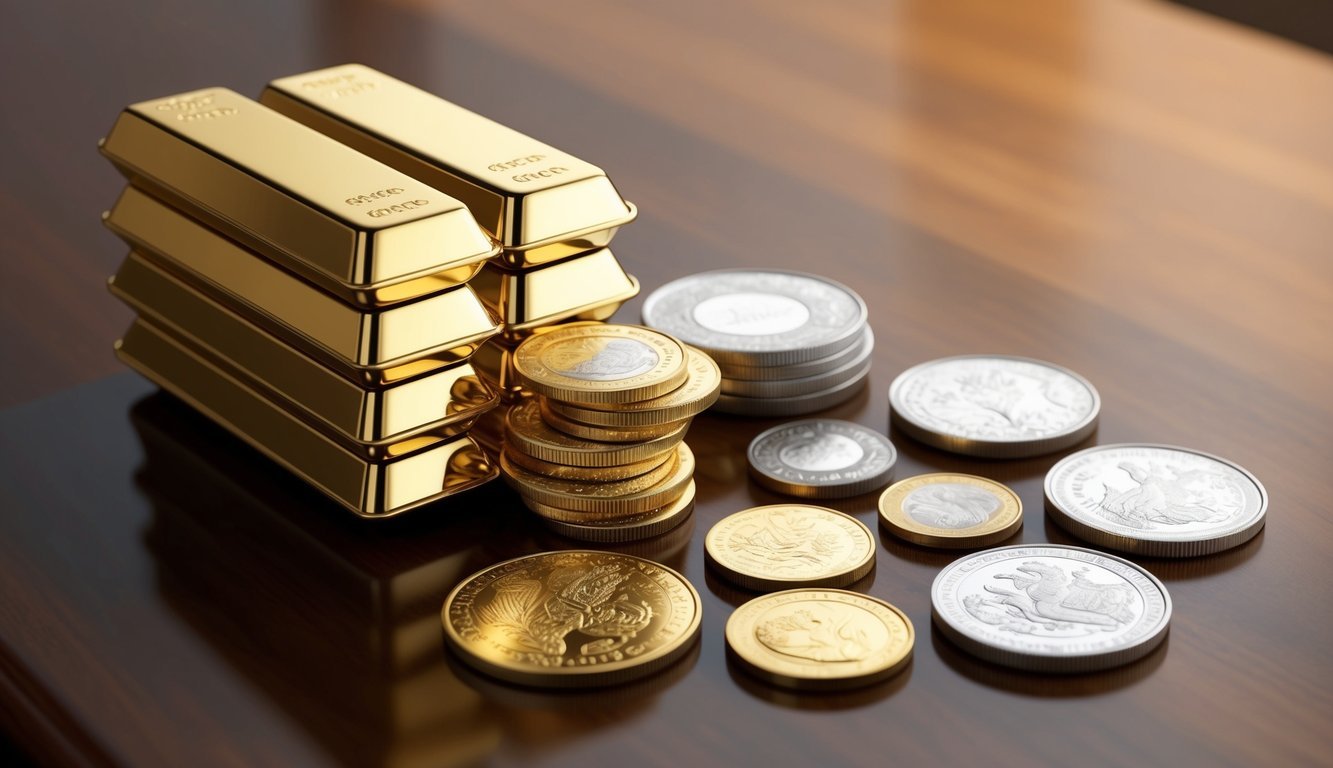 A stack of gleaming gold bullion bars contrasted with a collection of rare and intricate numismatic coins, arranged on a polished wooden surface