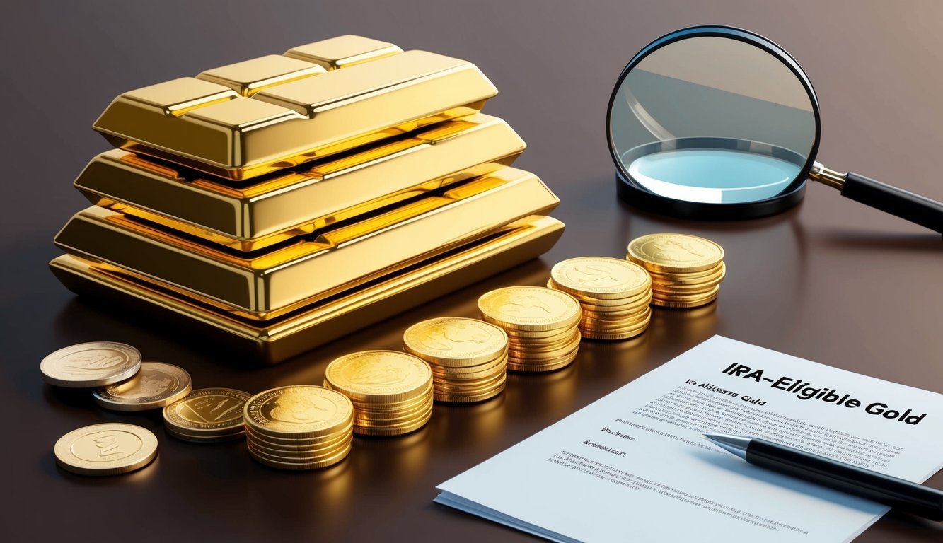 A stack of gold bars and coins arranged on a table, with a magnifying glass and a document labeled "IRA-Eligible Gold" nearby