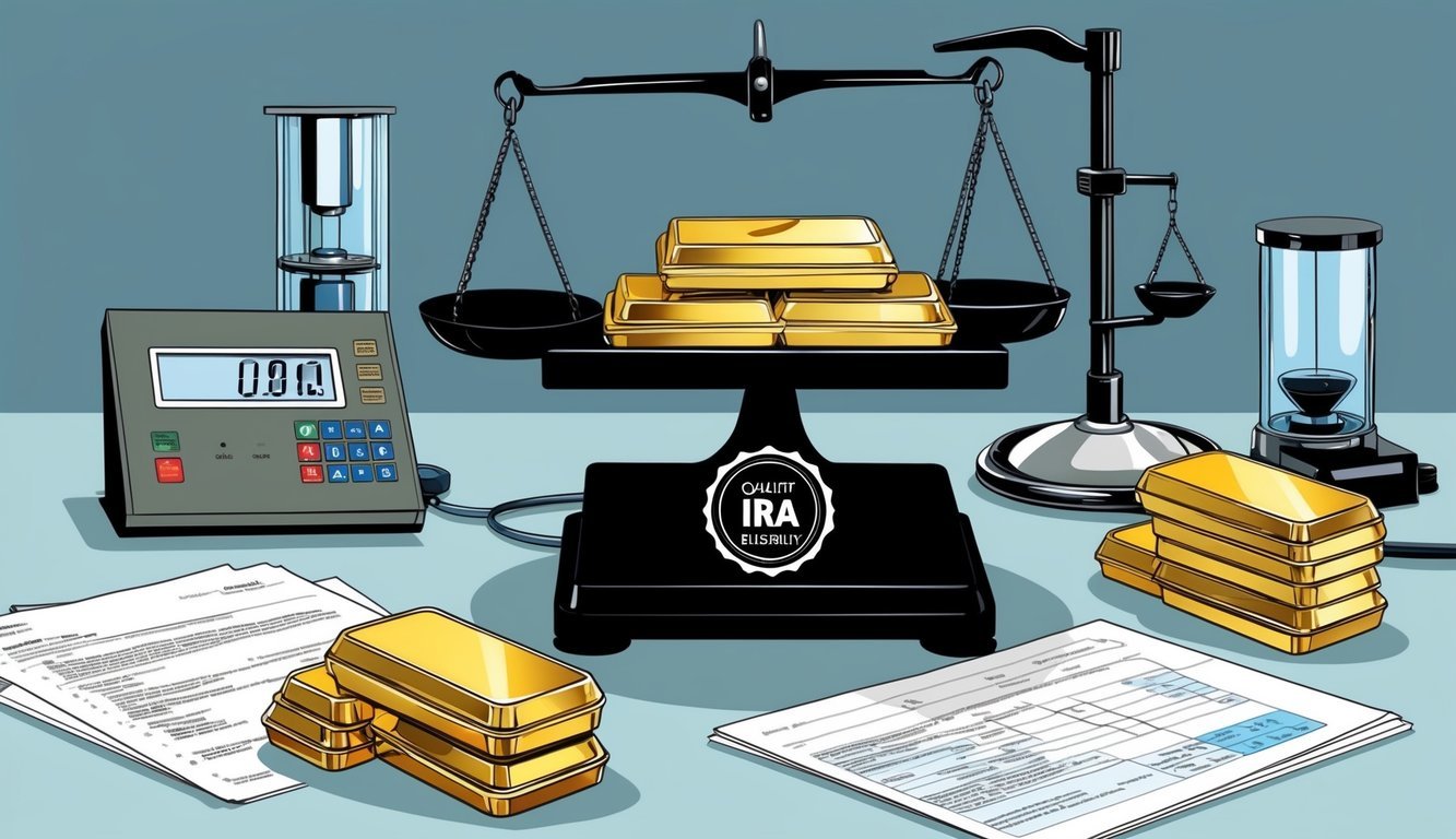 A scale weighing gold bars with a stamp indicating IRA eligibility, surrounded by regulatory documents and quality control equipment
